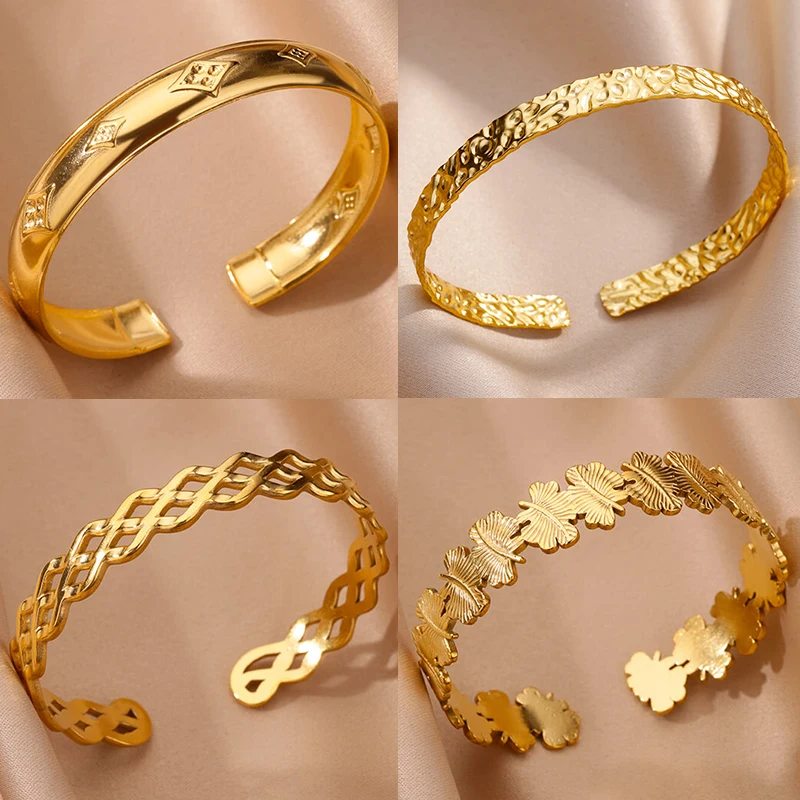 Stainless Steel Bangles Bracelets for Women Gold Color Geometric Texture Open Cuff Bangle Bracelet Femme Vintage Jewelry pulsera