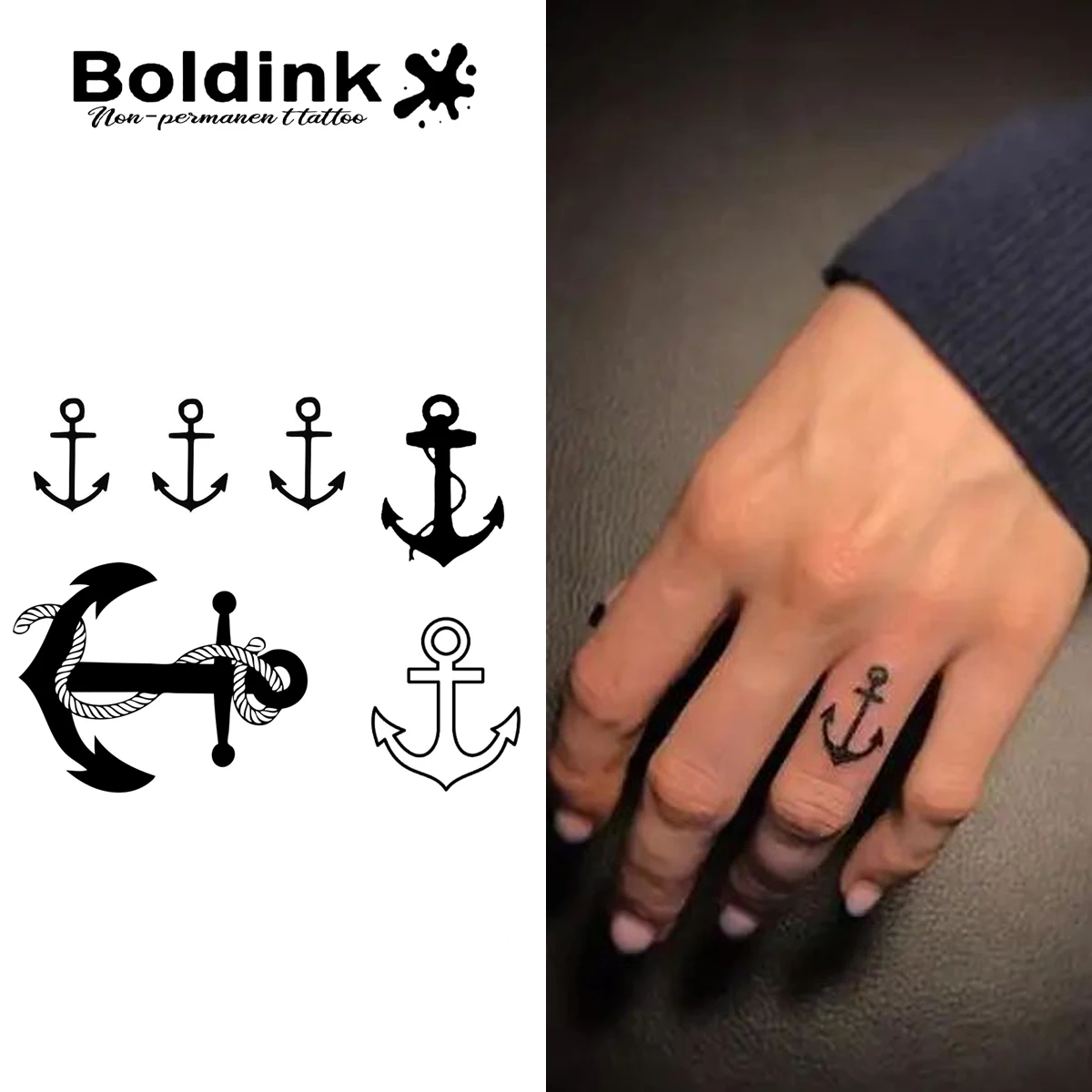 Boldink Herbal Bold Anchor Outline Decal Tattoo Set for Free Spirit Expression, Rugged Nautical Aesthetic & Trendy Knuckle/Wrist