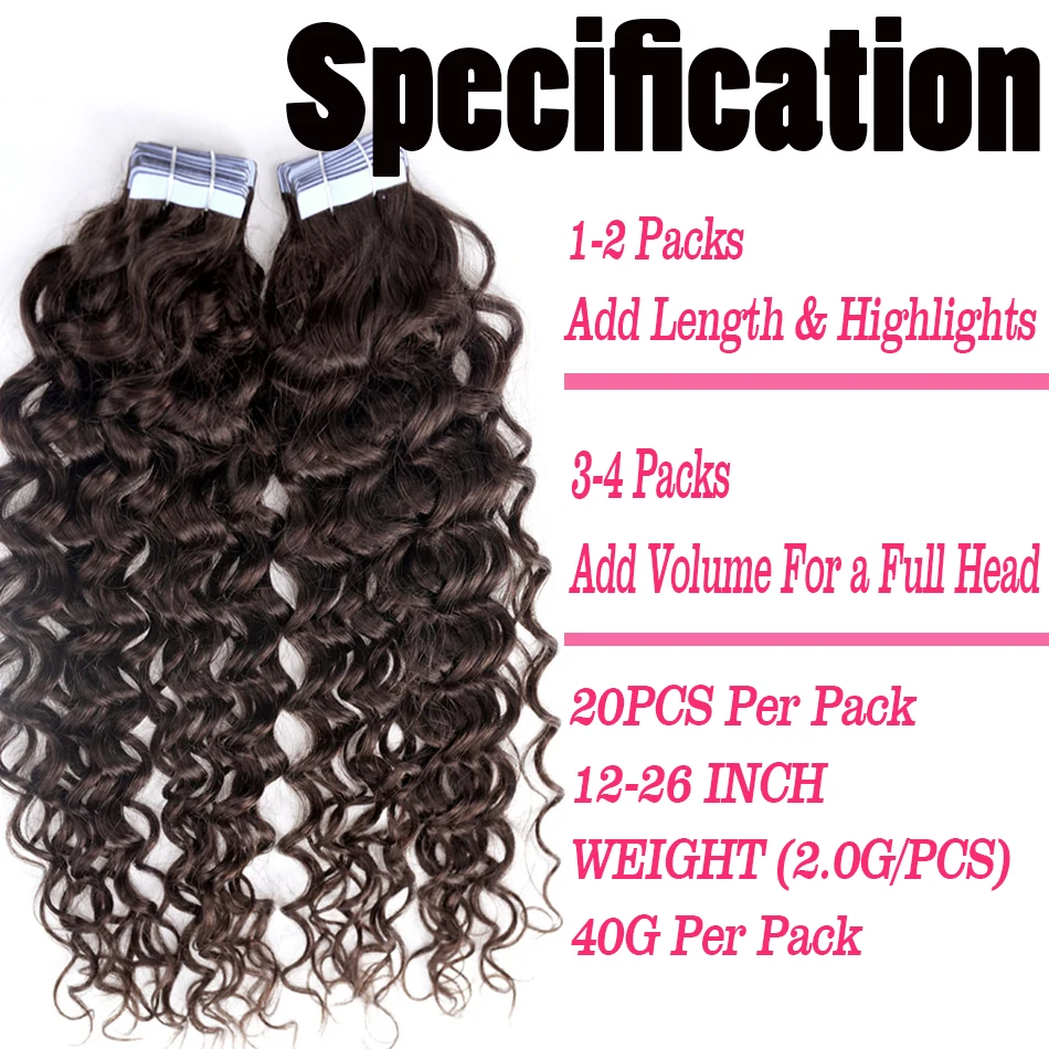 Audelami Tape in Hair Extensions Water Wave Hair Extensions 100% Real Human Hair  Remy Hair 2.0g/pcs 20pcs/set