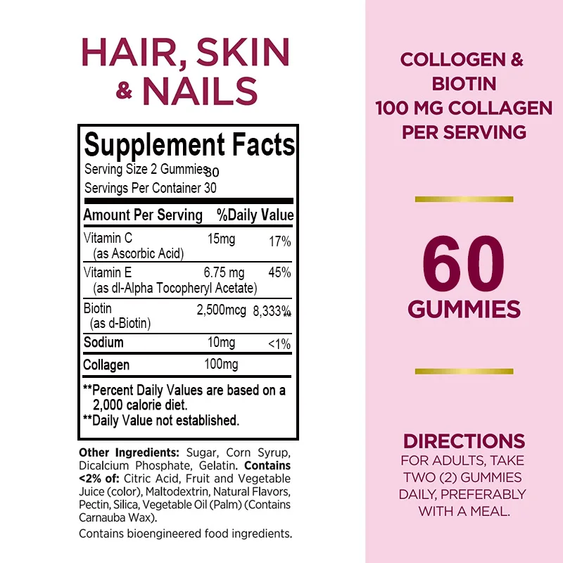 Hair, Skin & Nails Vitamins - Contains Biotin, Collagen - Promotes Hair Growth, Nourishes Skin, Strengthens Nails - 60 Gummies