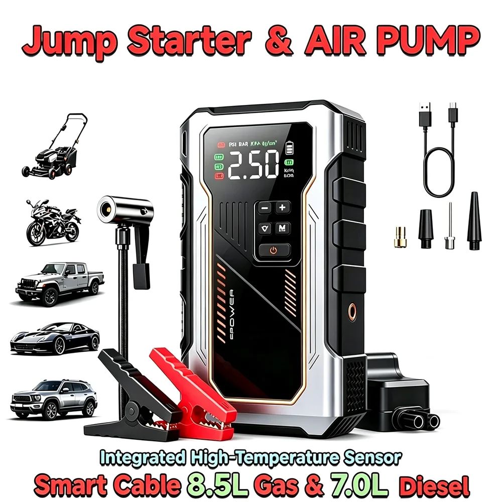 Portable Car Jump Starter & Jump Starter with Air Compressor (Optional), Jump Starter Battery Pack, Current Car Battery Booster, 12V Vehicles (1.98gal Fuel/ 1.59gal Diesel Engine), Compatible with Sedans, SUVs, Pickup Trucks & Lawn Mowers