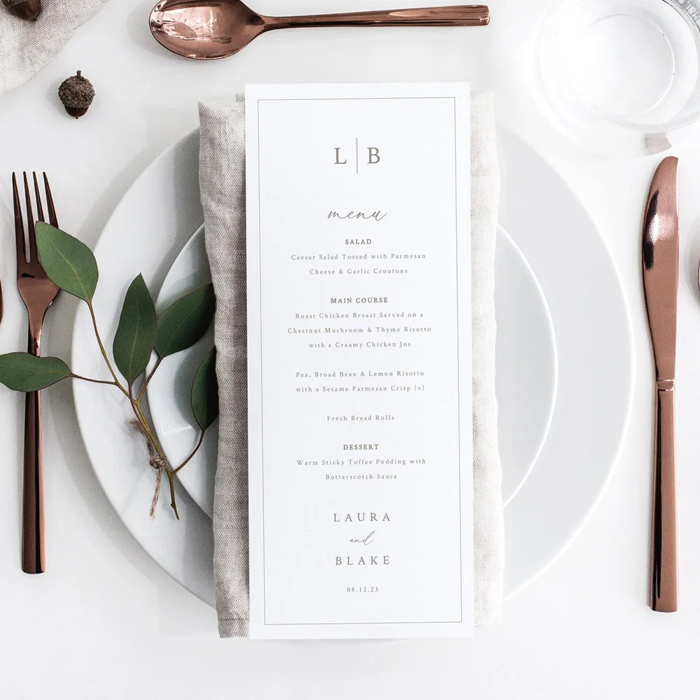 Personalized wedding menu, monogram and border, customizable wedding table menu