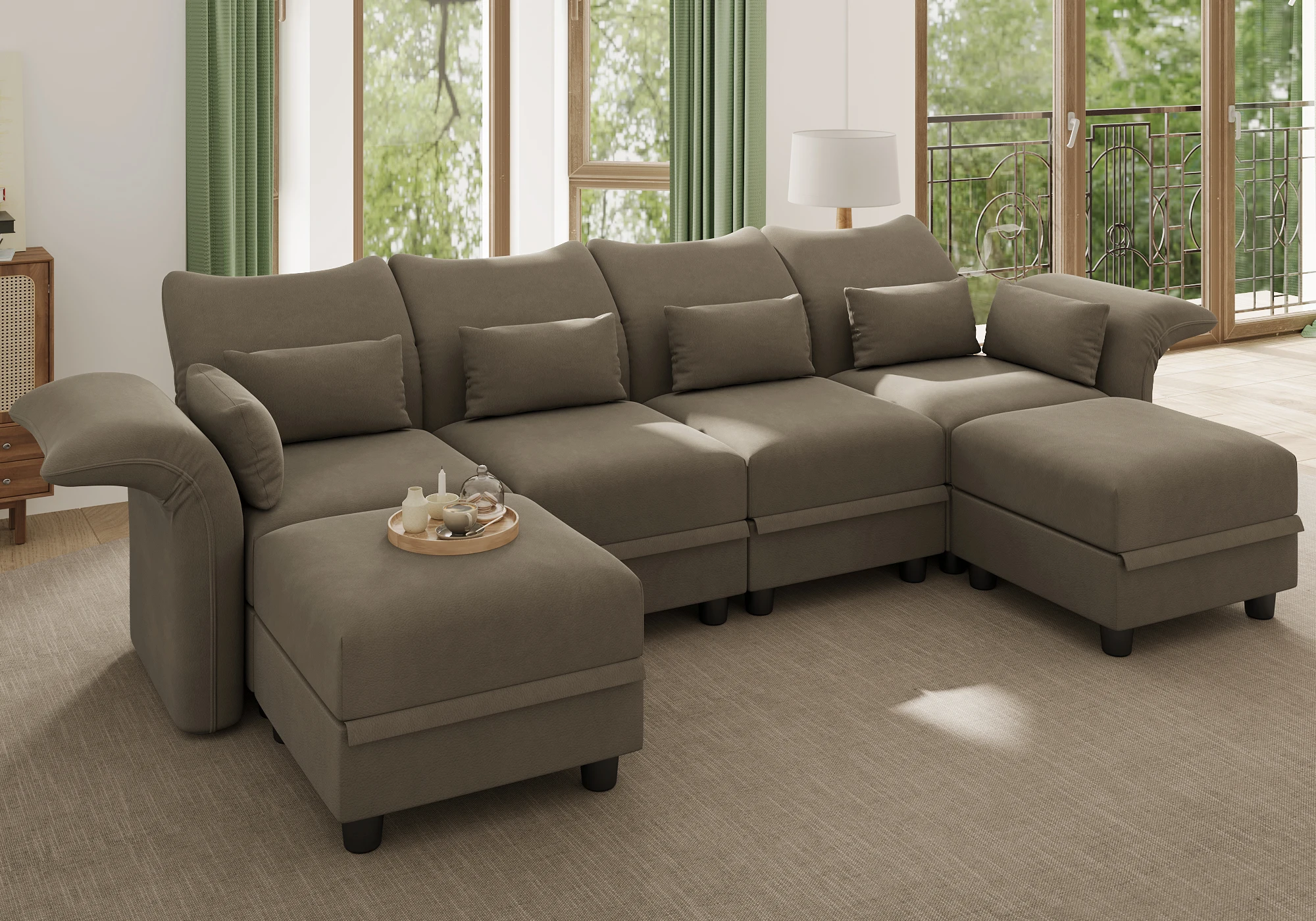 Velvet Modular Sectional Sofa, U Shaped Reversible Sectional Couch with Storage Chaise,High Back  Modular Brown