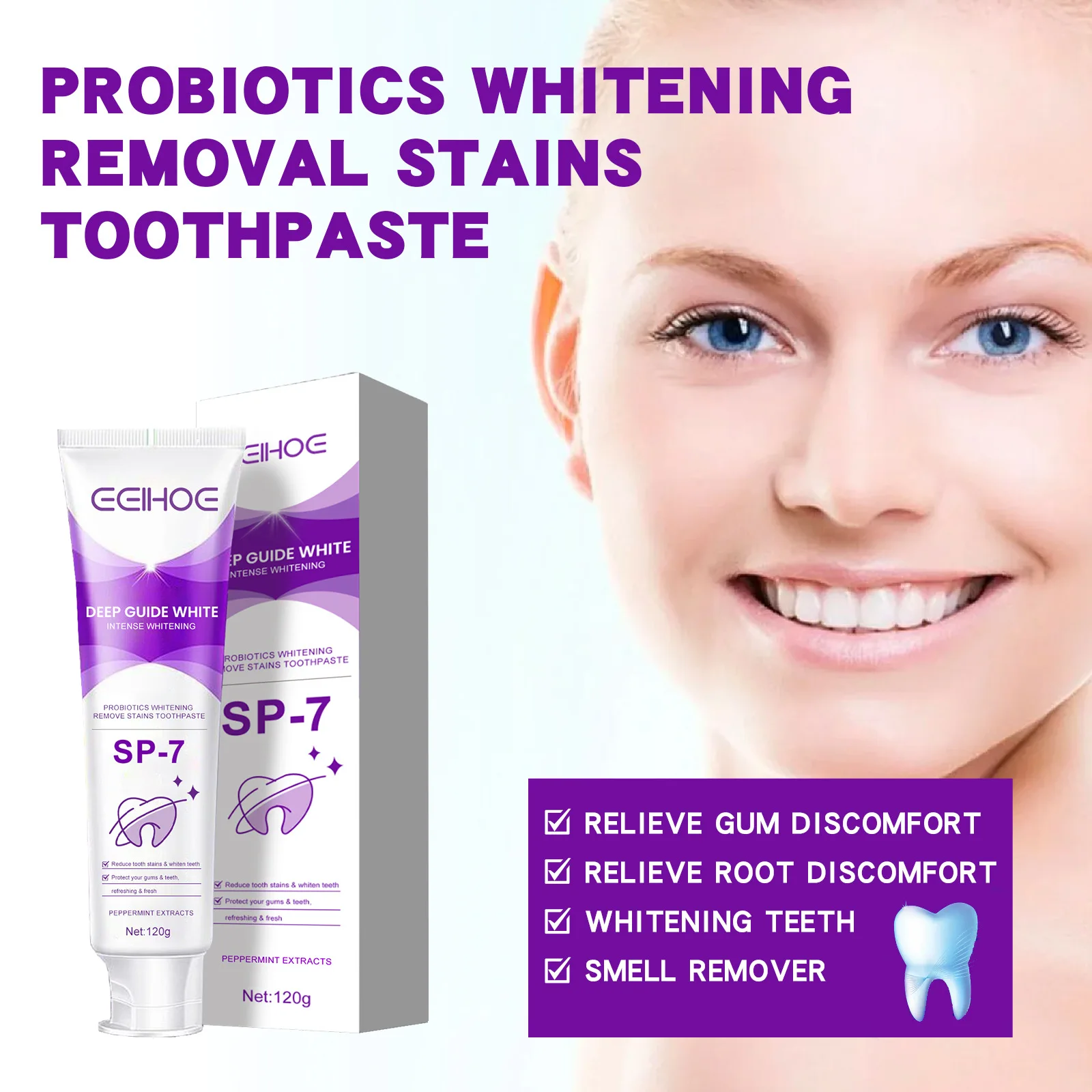 Eelhoe 120g Sp7 dentifrice probiotique blanchiment des dents soin des gencives éclaircir jaune soins bucco-dentaires réparation haleine fraîche nettoyage des taches de dents