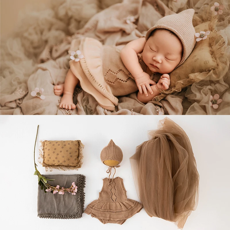 Newborn Photography Clothing Wool Knitted Baby Girl Hat Dress Lace Pillow Mesh Background Infant Shoot Props Studio Accessories