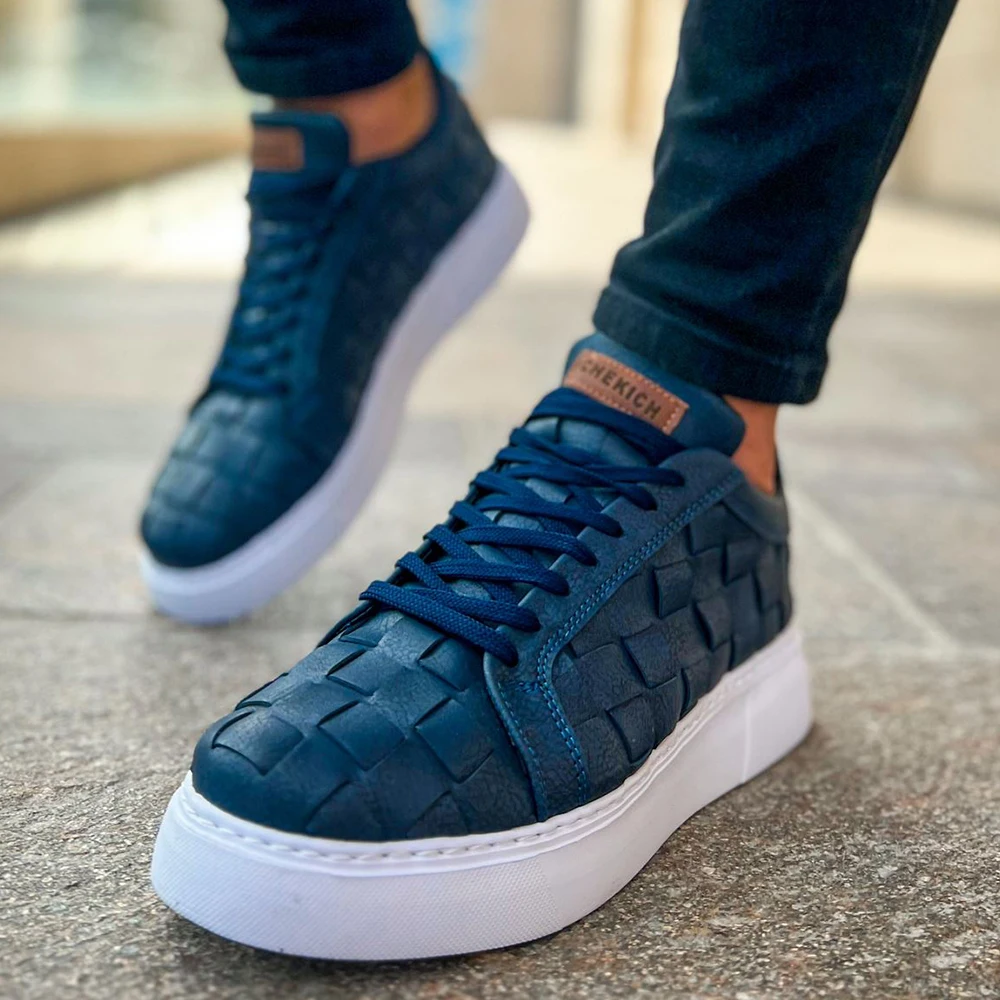 FOH Store Sneakers for Men NAVY BLUE Artificial Leather 2023 Spring Autumn Casual Lace Up Fashion Shoes High Base Sport Comfortable Light Vulcanized Daily Original Canvas Odorless Orthopedic Suits Office Wedding 209