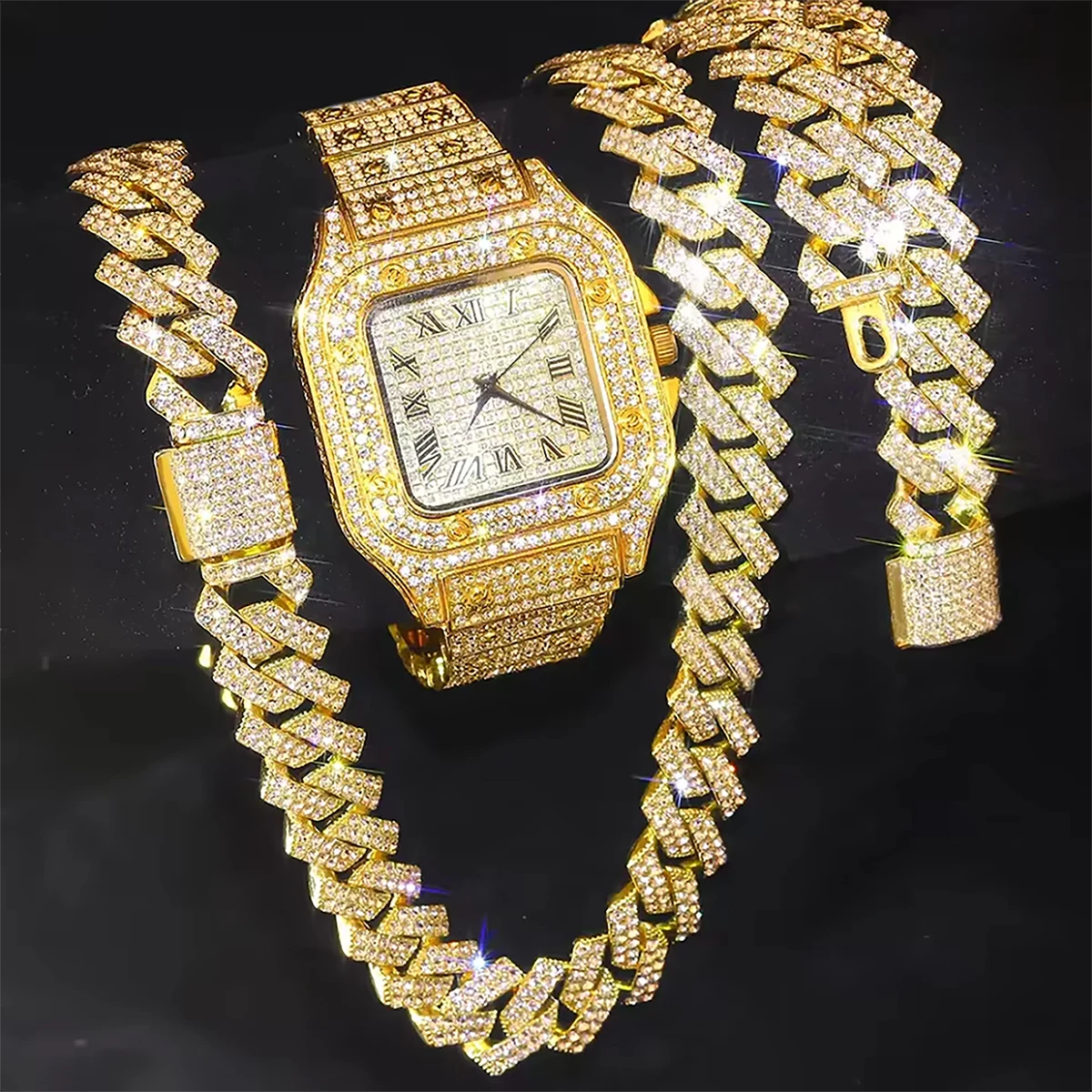 3-Piece Men's Watch Set, Hip-Hop Punk Diamond-Encrusted Square Watch, with Cuban Chain Bracelet and Necklace, Fashionable Gift