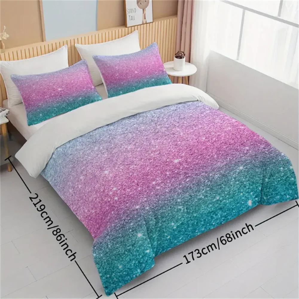3-Piece Vibrant Turquoise Blue and Pink Pastel Glitter Bedding Set - Duvet Cover Sets with Shining Effect, Trendy Bedspreads