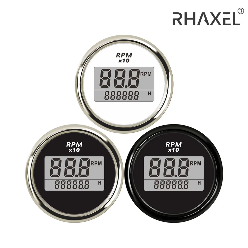 RHAXEL Waterproof 52mm Digital Tachometer 0-9990RPM Meter with Hour Meter 9-32V with Red Backlight for Trucks Yachts Vessels