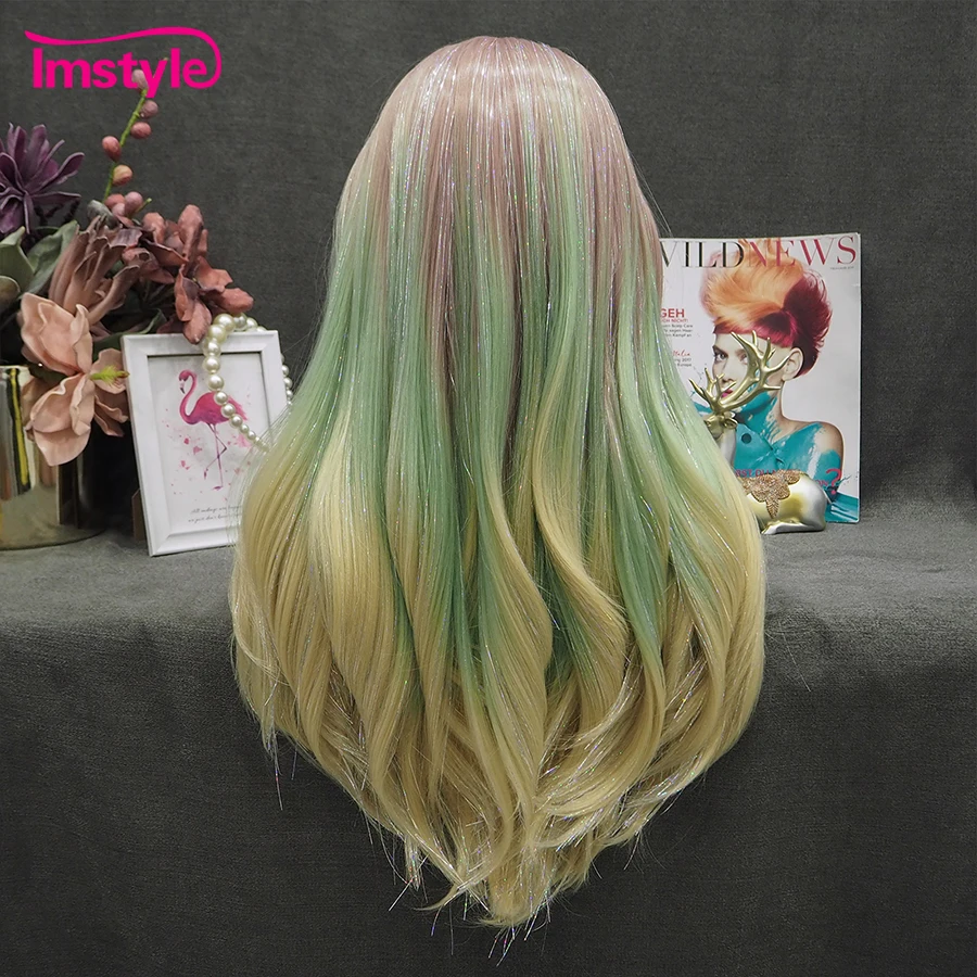 Imstyle Tinsel Wig Ombre Green Synthetic Lace Front Wig Pink Long Straight Hair Wigs For Women Cosplay Wig