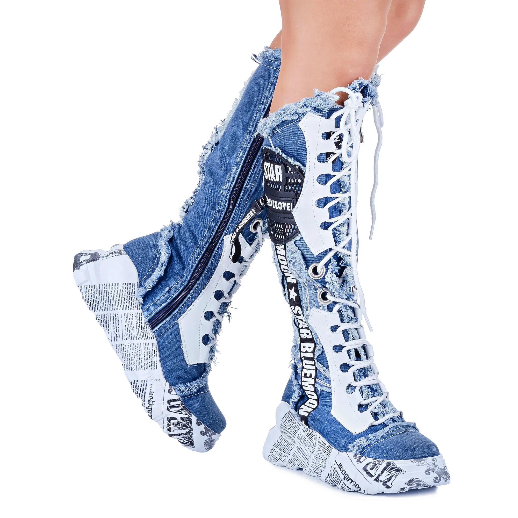 Denim Boot Above Knee Boots Handcrafted Sexy Design Blue Pattern Embroidered Denim Women\'s boots birthday present