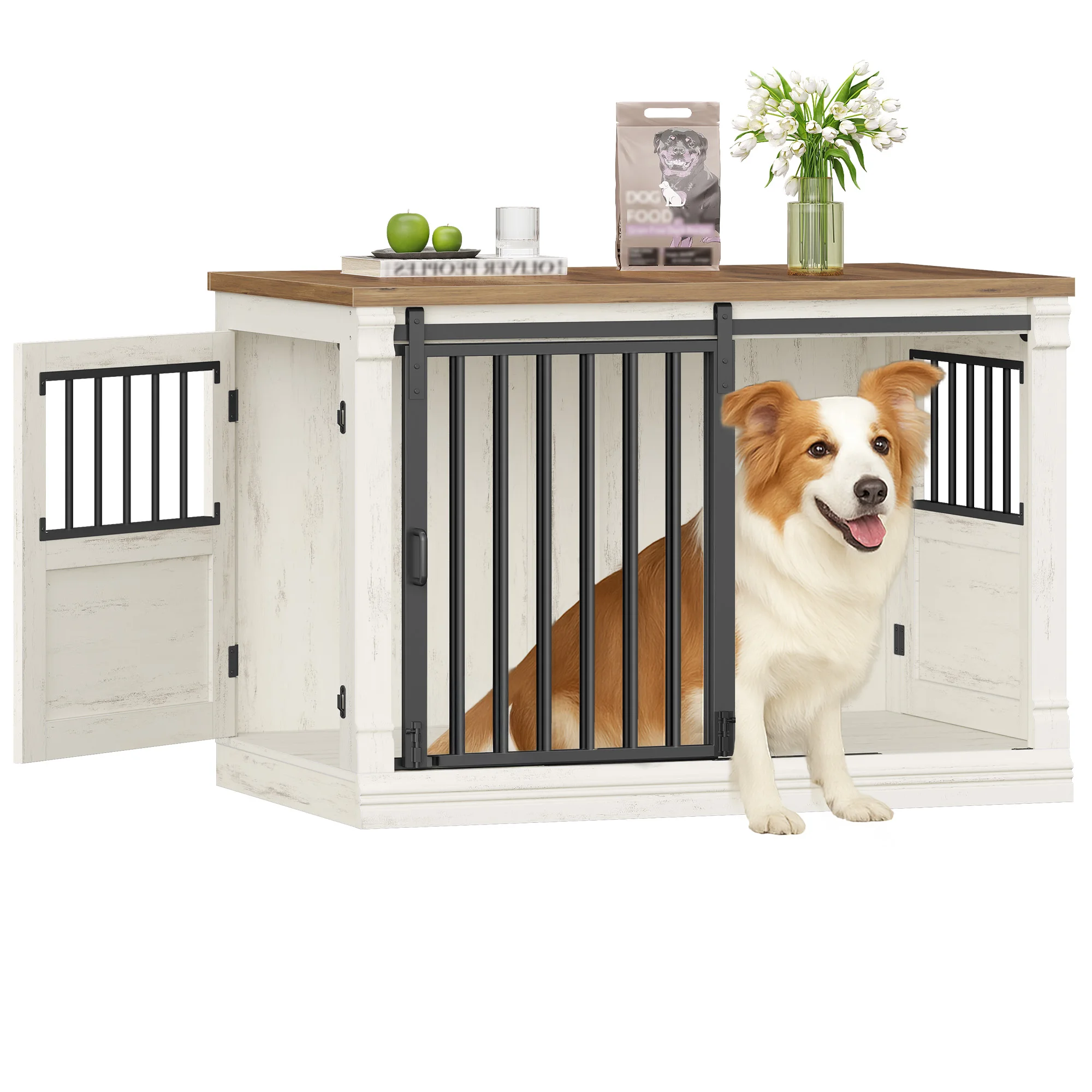 101cm hondenbench meubel, houten hondenkooi met drie deuren, binnenkennel, bijzettafel dierenbench, voor kleine en middelgrote honden - afbeelding 2