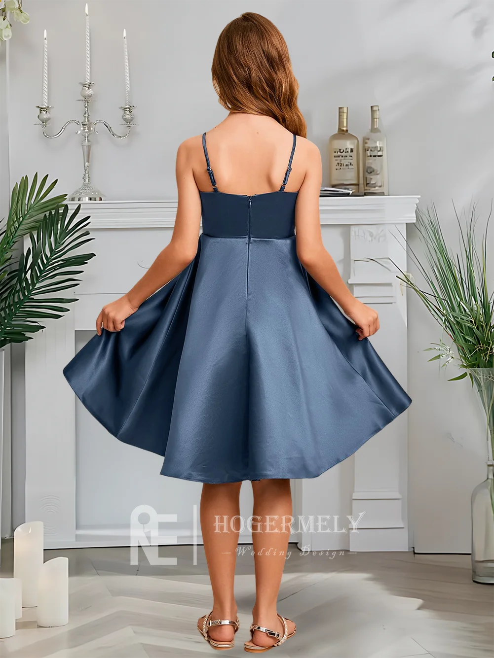 GDH A Line Junior Bridesmaid Dress Flower Girl Dress Scoop Neck Satin Knee Length Kids For Girls Wedding Party Formal Event