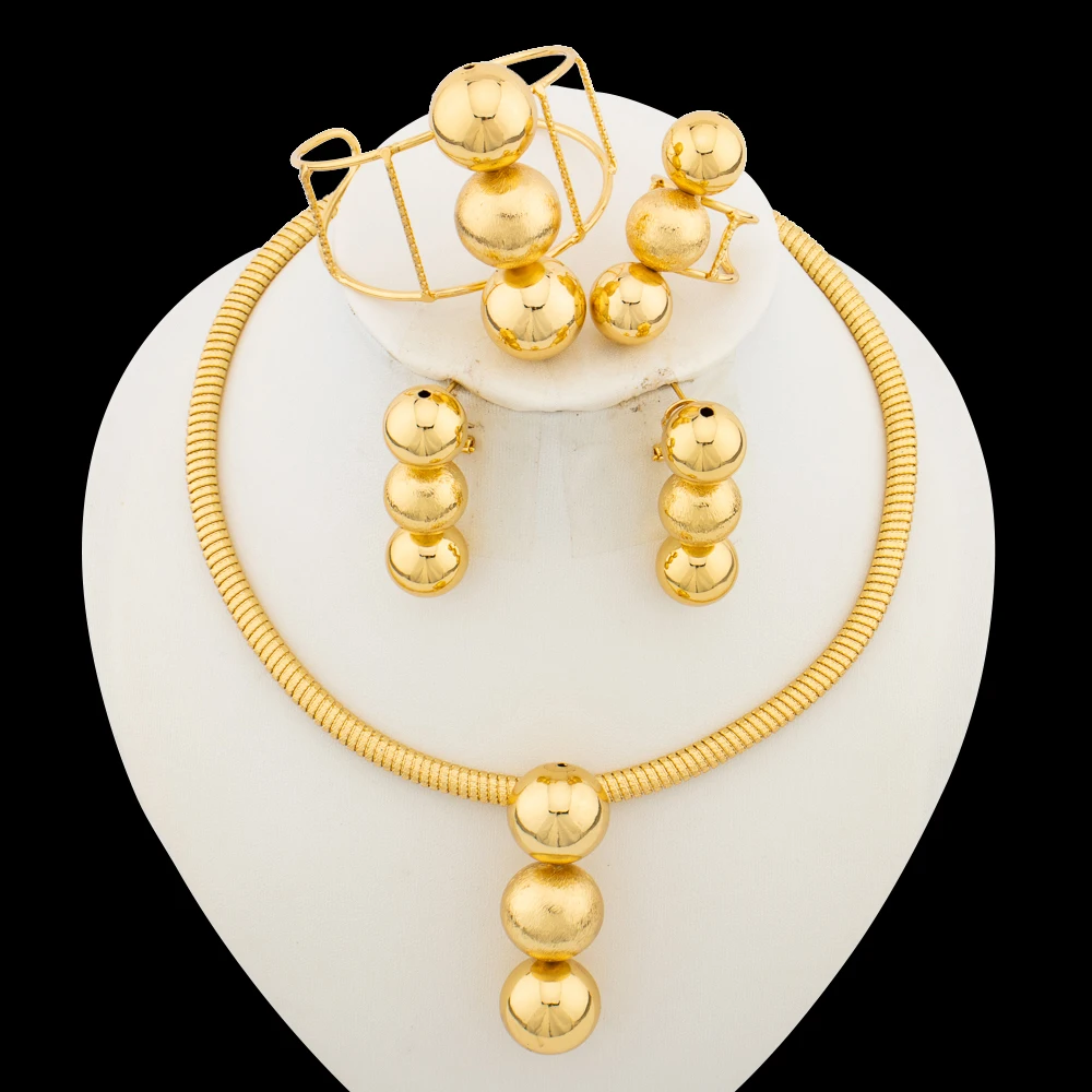 2024 Trend Jewelry Set for Women Gold Color Beads Necklace and Clip Earrings with Bracelet Ring Set for African Dubai Weddings