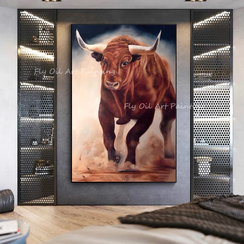 

100% handmade Abstract Art cow ox running animal large size picture brown canvas Oil Painting on Canvas Wall Art unframe