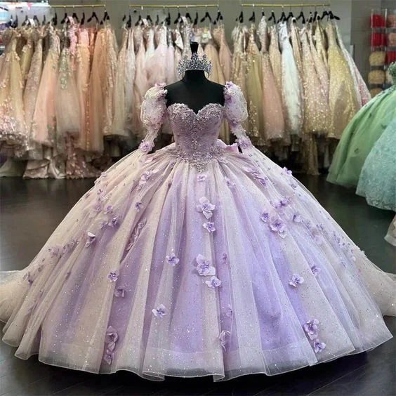 CloverBridal Free Customization Lilac 3D Flowers Long Removable Puff Sleeves Sweet 16 Dress Sweetheart Quinceanera Dress WQ9692