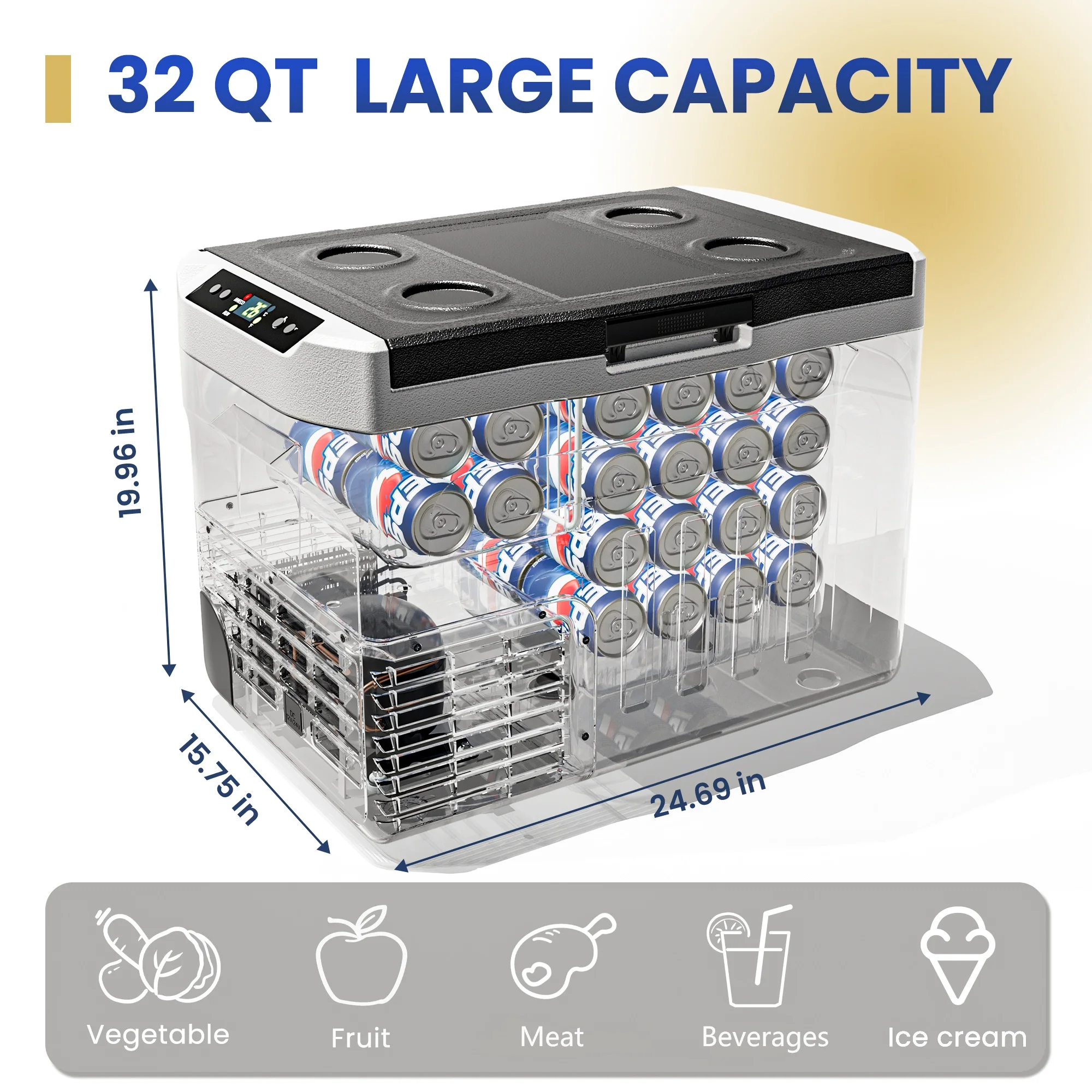 Vibekio 30L Car Portable Refrigerator, Electric Cooler, -4°F~68°F, 12/24V, 110-240V, Outdoor Freezer, For Camping,BBQ, Travel