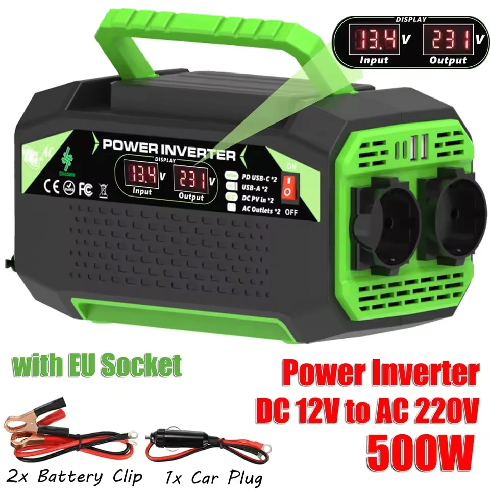 300W/500W Stromwechselrichter DC 12V zu AC 220V Spannungswandler mit USB- und Typ-C-Anschlüssen, geeignet für Laptops und den Einsatz im Freien.