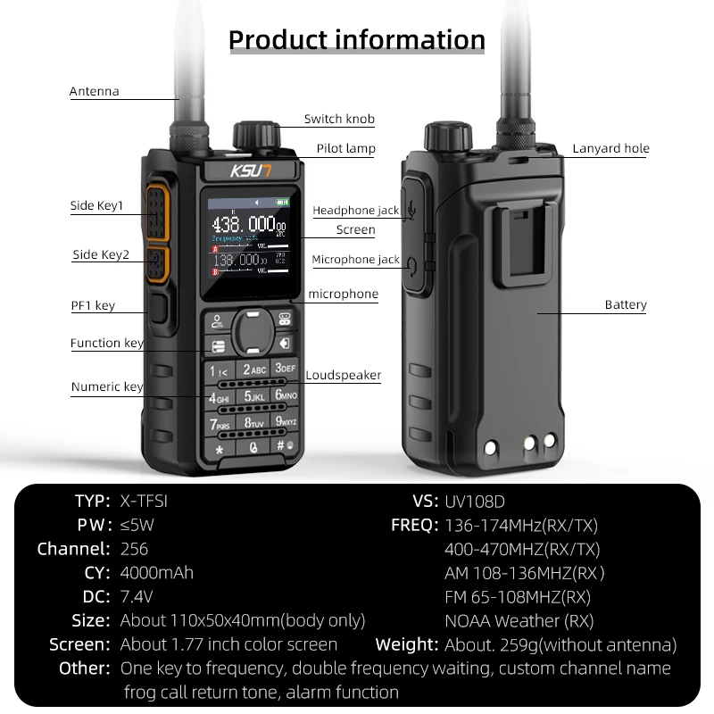 KSUN UV108D 5W Walkie Talkie daleki zasięg profesjonalny akumulatorowy skaner częstotliwości dekoder radiowy HF nadajnik-odbiornik radiowy