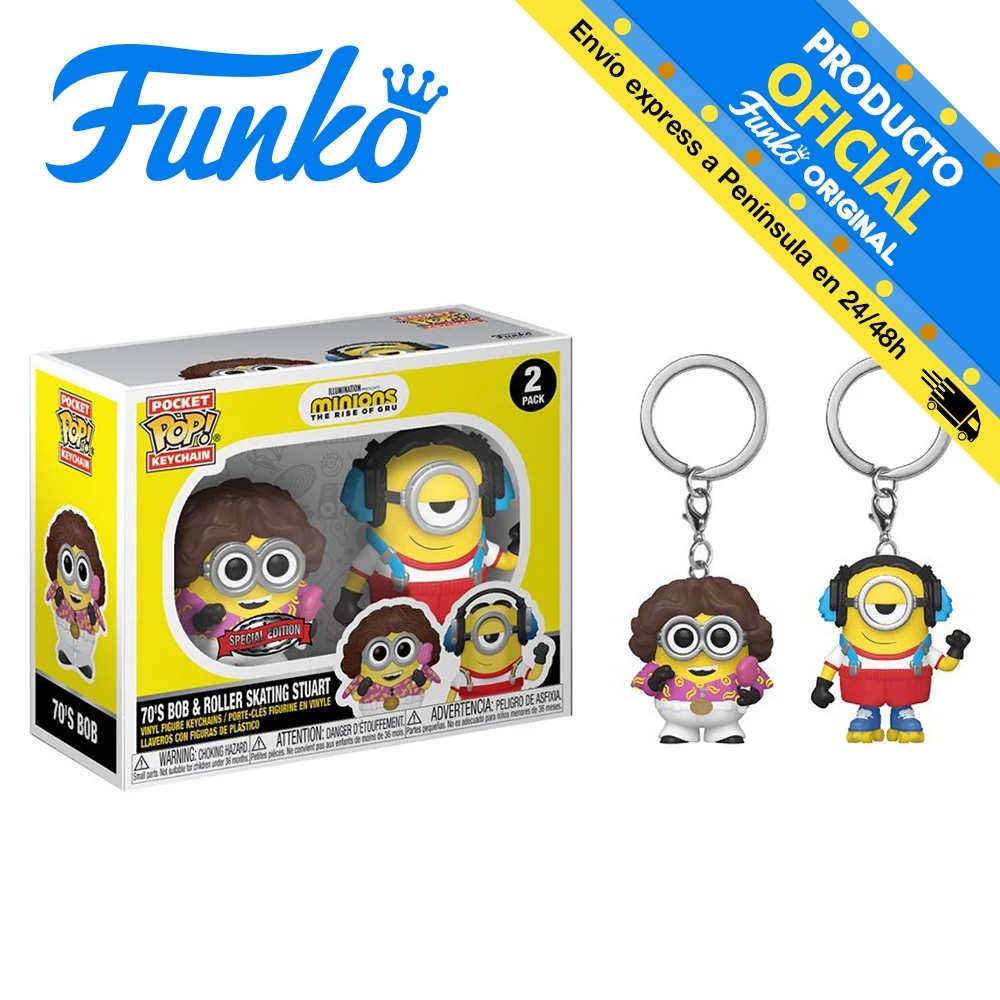 Funko Pocket Pop! Keychain: Minions - Pack: 70 s Bob and Stuart with exclusive skates, original, toys, boys, girls, gifts, collector, figures, dolls, shop, with box, new, male, female, license