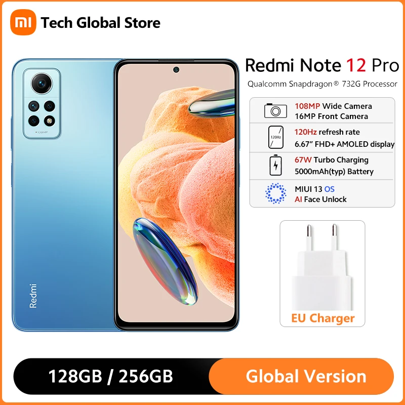 Xiaomi-Smartphone Redmi Note 12 Pro, version globale, 4G, 8 Go, 256 Go, écran AMOLED 6.67 ", 120Hz, appareil photo 108MP, charge turbo 67W