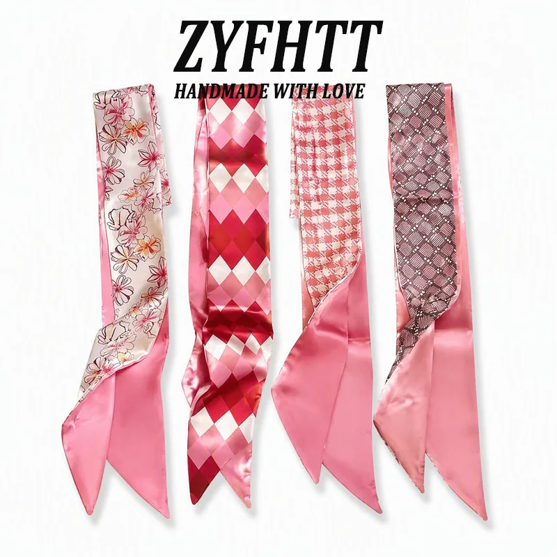 1/4pcs ZYFHTT Pink flowers Diamond pattern ribbon Silk scarf elegant turban headband for women Versatile Fashion Girl headscarf