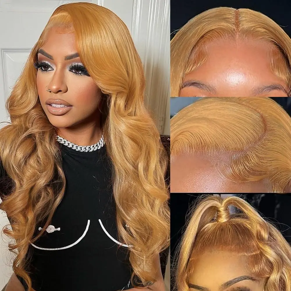 28 Inch Honey Blonde Lace Front Wig Human Hair Body Wave 13x4 HD Lace Frontal Human Hair Wigs 180% Density Wigs 27# Colored Wigs