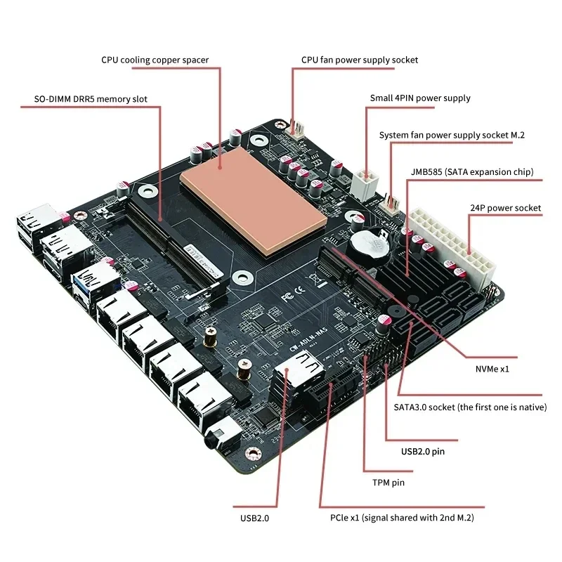 6-Bay N100 i3-N305 NAS Motherboard 12th Gen Intel 4x i226-V 2.5G 2*NVMe 6*SATA3.0 DDR5 Mini ITX Router Mainboard PCIex1 Type-C