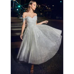 Sparkly Tulle Off the Shoulder Prom Dresses With Pockets Sweetheart A-line Pleats Evening Dress Elegant Backless Long Party Gown