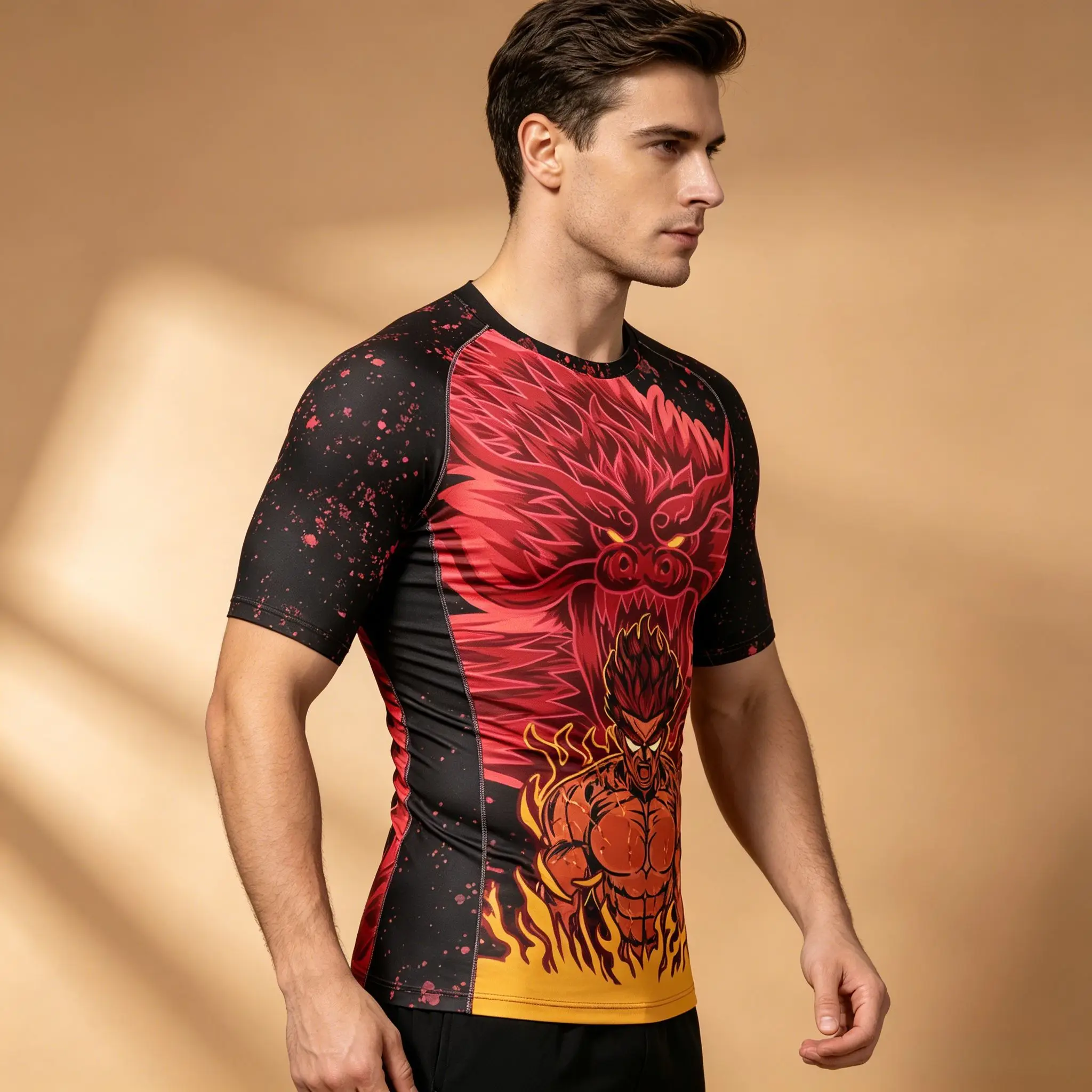 Herren Naruto Might Guy Eight Gates Dragon Doppelseitiges Kompressions-Rashguard Anime Workout Kurzarm-T-Shirt – Detail 4