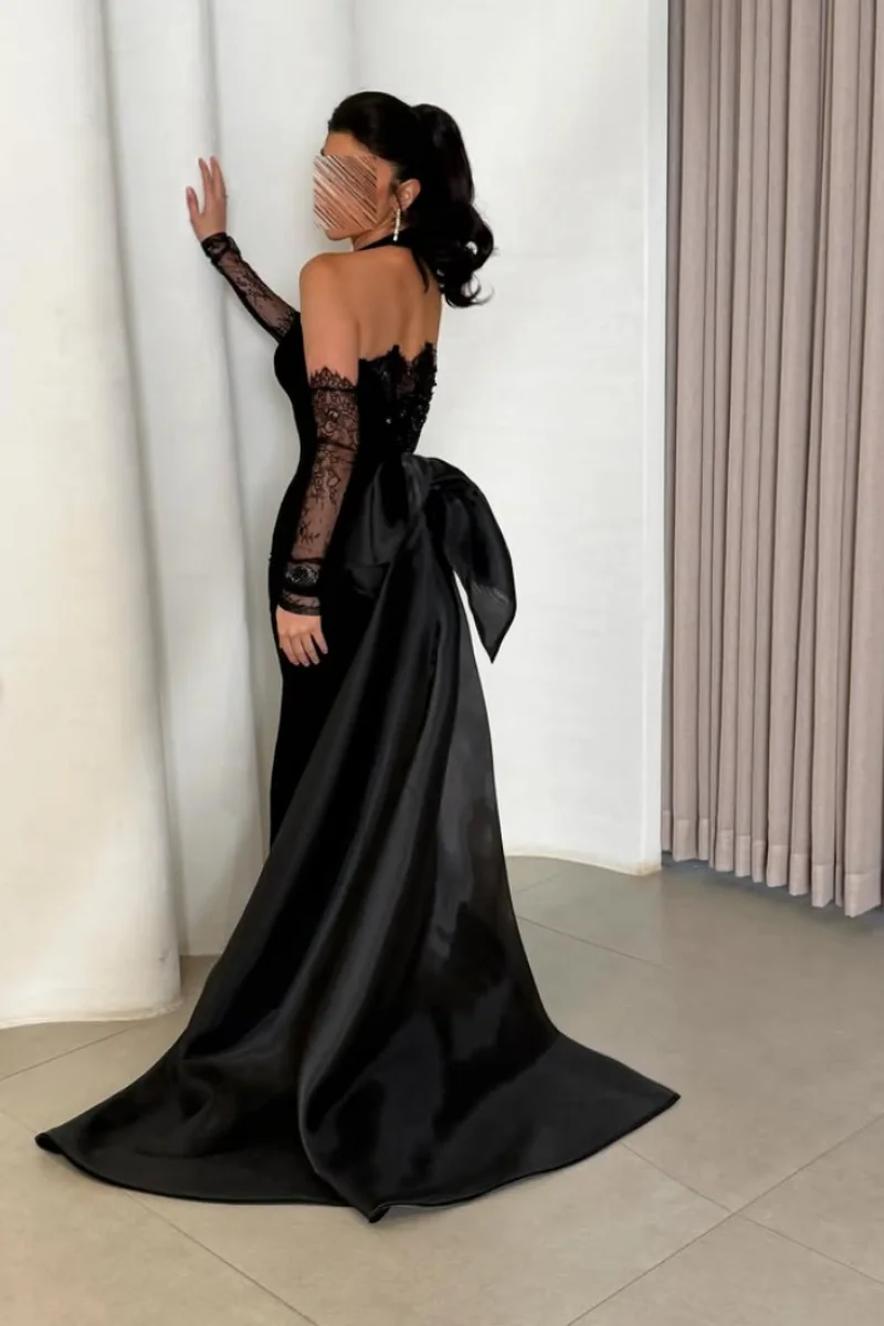 Jessica Black Halter Neck Evening Dresses Lace Long Sleeves Prom Dresses Elegant Ladies' Slim Fit Formal Occasions PartyDresses