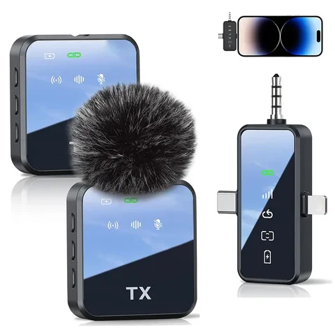 Wireless Lavalier Microphone for iPhone Android Camera, 3 in 1 Dual Clip On Mic System for Vlog Live Streaming Interview Recording, Noise Cancelling Wireless Lapel Mic Plug and Play, Clear Audio for Content Creator, Portable Mini Mic Kit