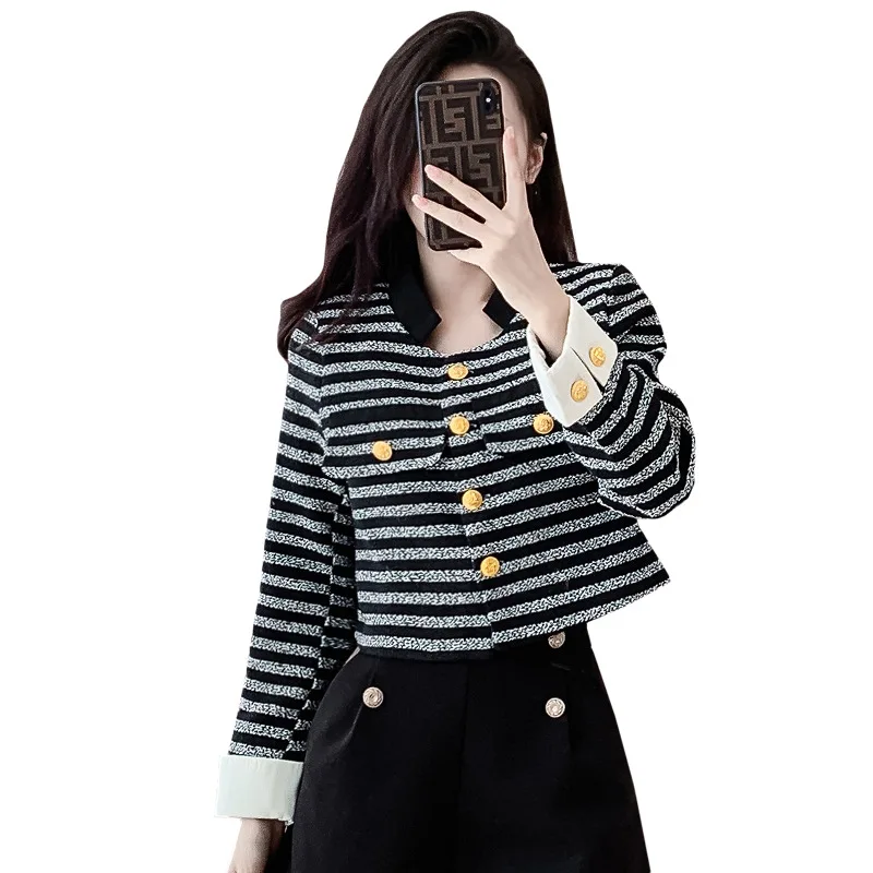 Autumn Women's Tweed Floral Design Patchwork Short Jacket Stripe Stand Collar Coats  Outwear Chaqueta