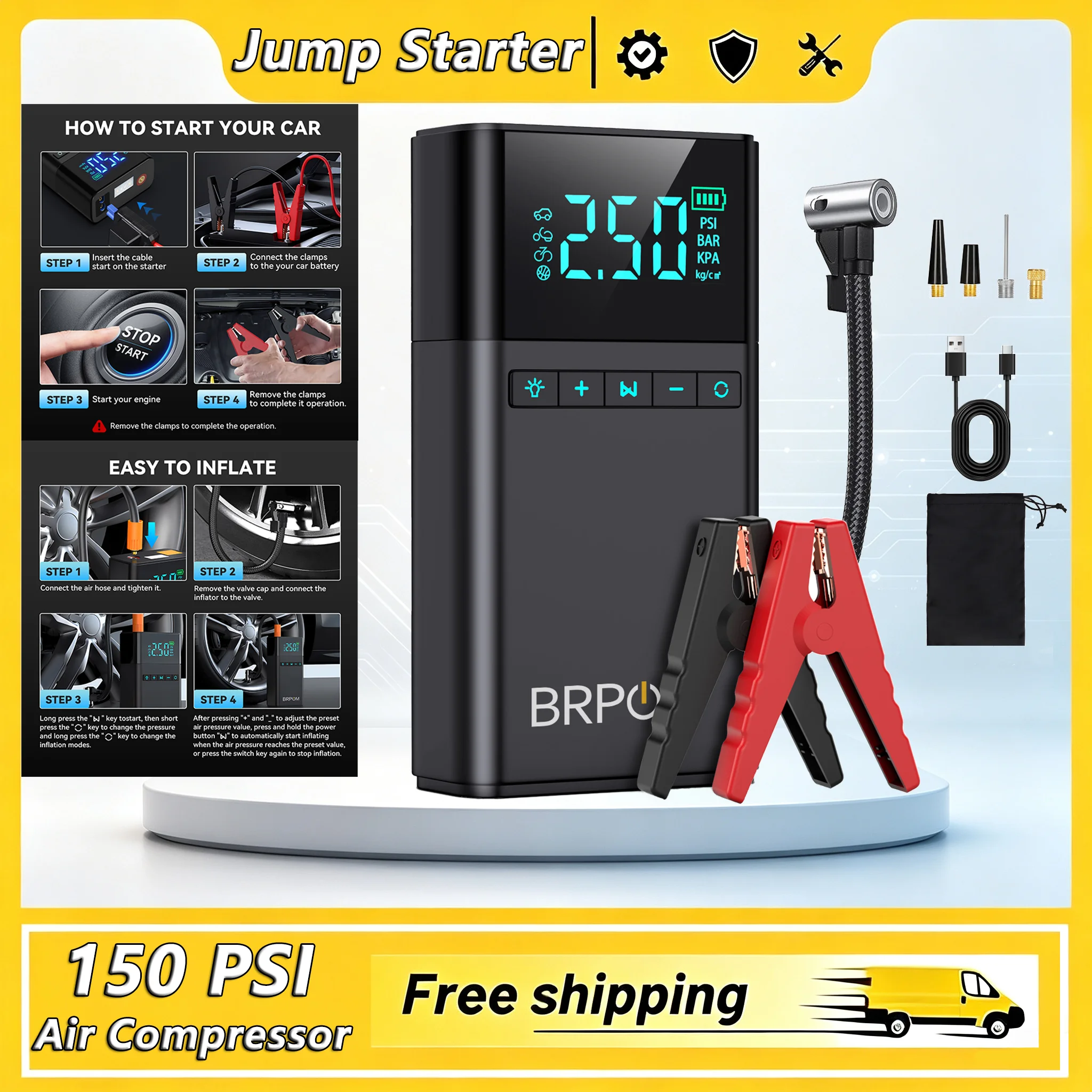 8500A PEAK Leistungsstarkes tragbares 3-in-1 Auto-Starthilfegerät mit Luftkompressor, Auto-Batterie-Booster, 150PSI Luftpumpe, tragbare Powerbank, Reifenfüller mit LED-Licht