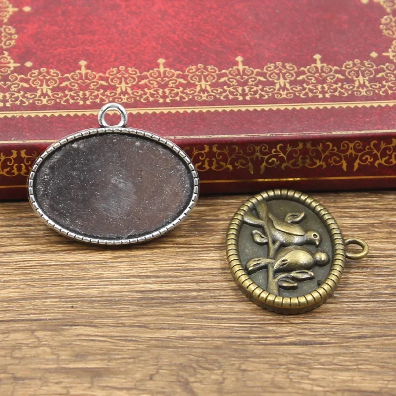 4szt Fit 30x20mm Oval Lover Bird Sroka Glass Cabochon Base Setting Antique Bronze Silver Color Pendant For DIY Making — zdjęcie 2
