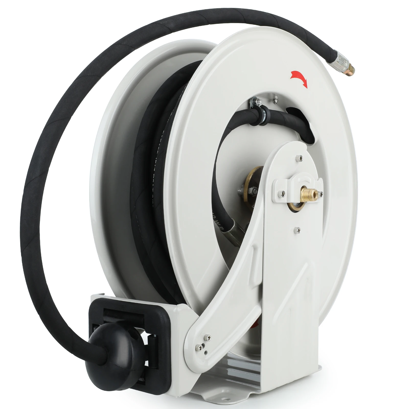 3/8 inch x 50 ft Oil Hose Reel Retractable Hose W P 330 BAR Max 4800 PSI Adjustable Support Arm and Pipe Gripper Spring Driven Steel Construction Heavy Duty Industrial Hose Reel for Butter Oil