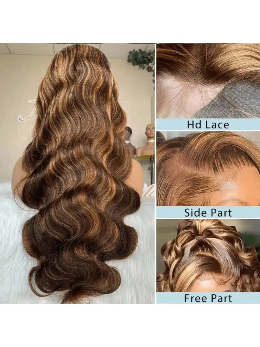 العسل شقراء الدانتيل شعر مستعار أمامي شعر الإنسان تسليط الضوء على الجسم موجة الباروكات قبل قطعها 200 الكثافة شعر مستعار 13X4 HD الدانتيل الباروكة الأمامية 4/27 #5