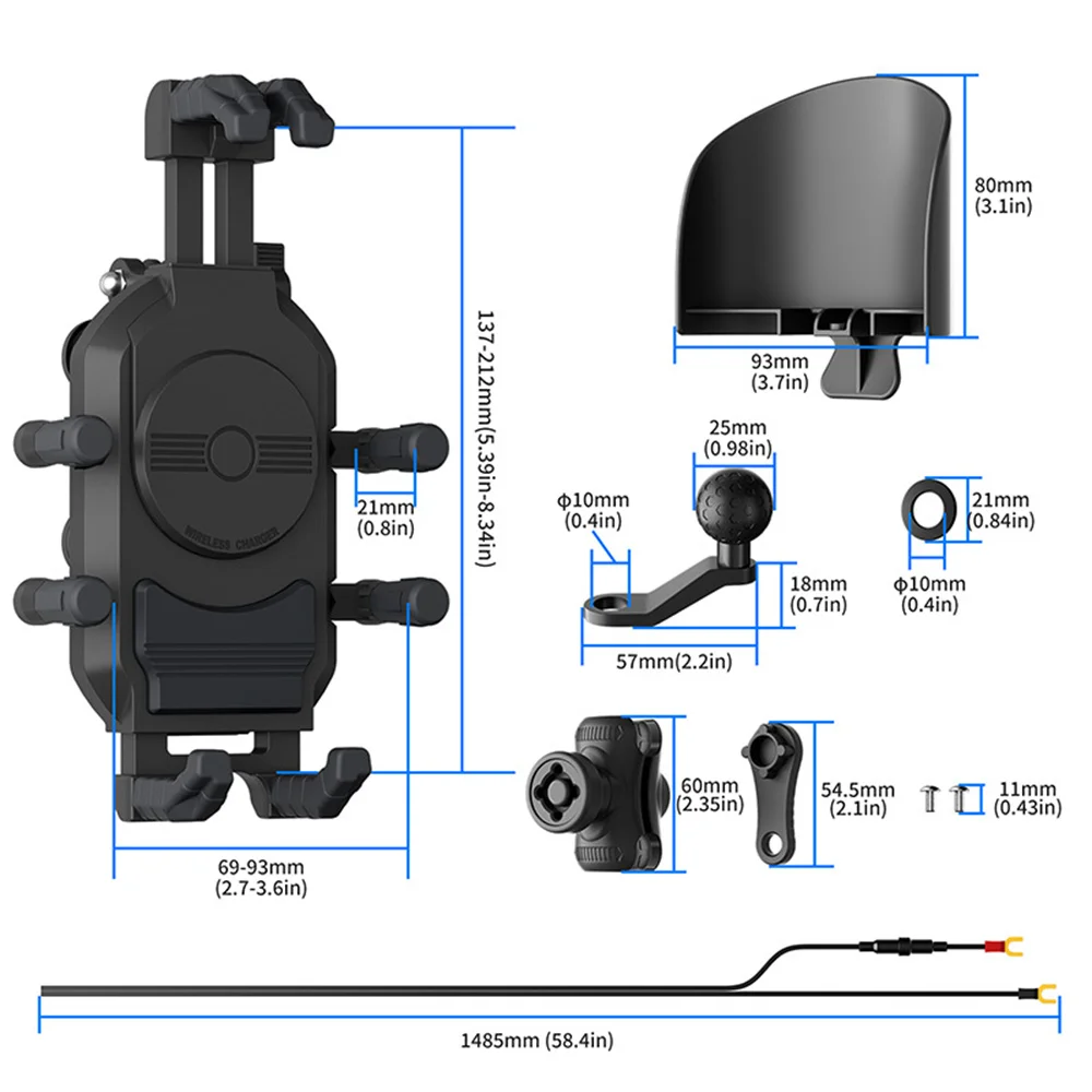 ‌15W Wireless Charging Motorcycle Phone Mount Anti-Theft & Octopus Shock Absorber, USB-A+C Ports Mirror Base Holder for E-Bike