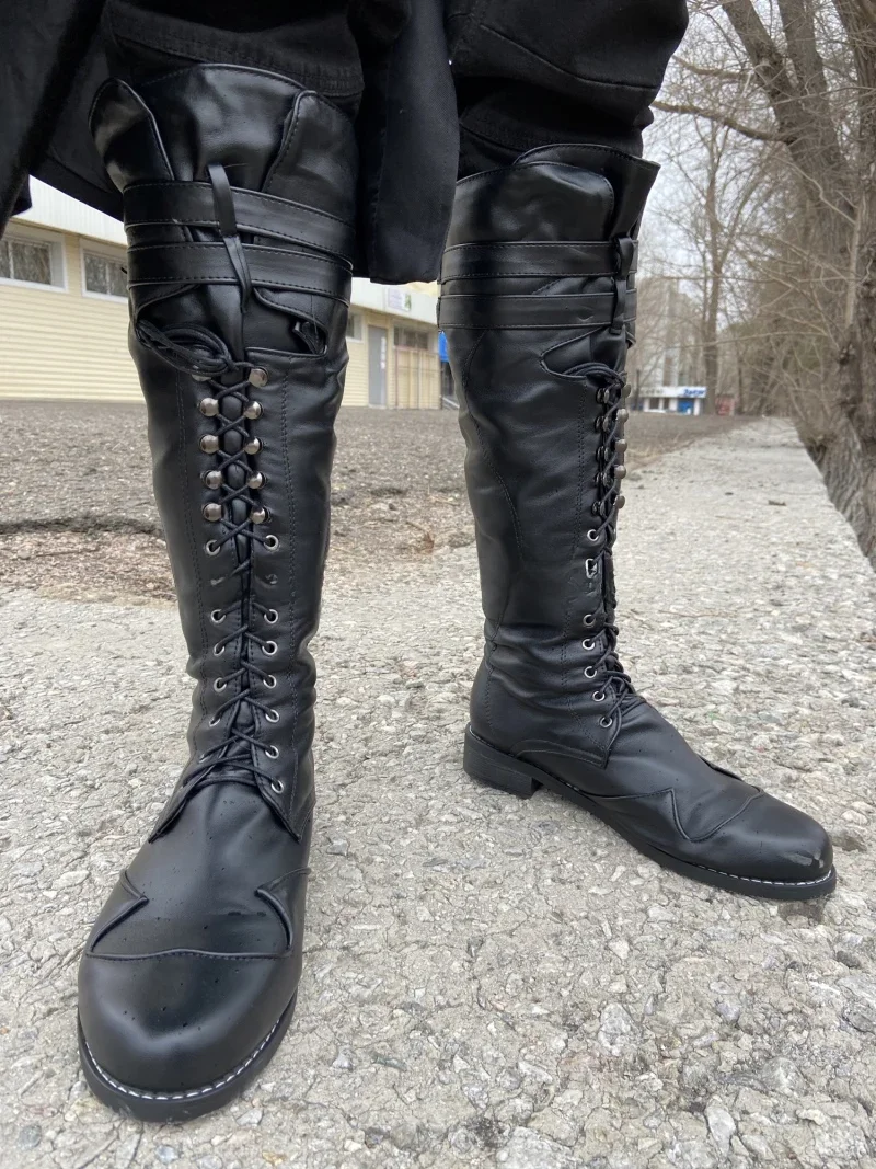 Średniowieczne Steampunk Cosplay długie czarne buty męskie zimowe Larp pirat PU skórzane buty karnawałowe Halloween buty rycerskie — zdjęcie 2