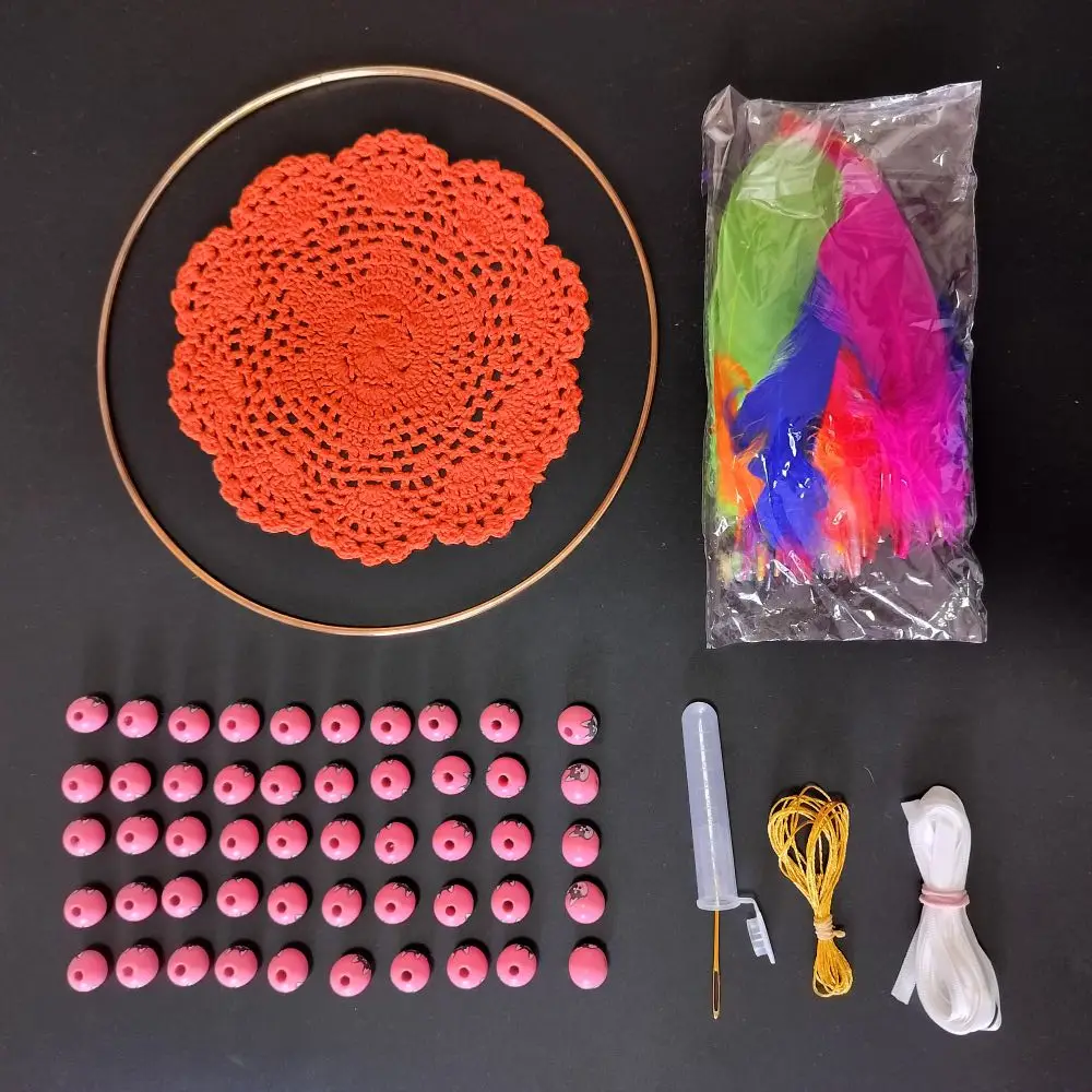 Orange Web Doily Dream Catcher Making Kit Set For Novice Crafters DIY Home Bedroom Living Room Hanging Craft Decor Accessories