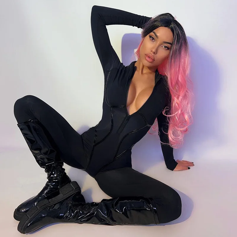 

Black Sexy Skinny Jumpsuit Women Overalls Long Sleeve Zipper Sport Jumpsuits Ladies Fashion Rompers Streetwear Bodysuit Outfits