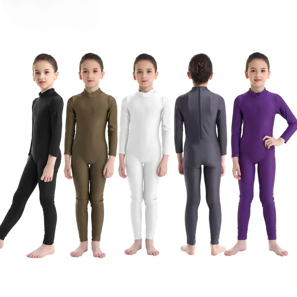 Dziecięce dziewczęce trykoty baletowe gimnastyka Unitards dziecięce stroje taneczne całe ciało z długim rękawem zamek błyskawiczny lekcja tańca kombinezon do ćwiczeń — zdjęcie 2