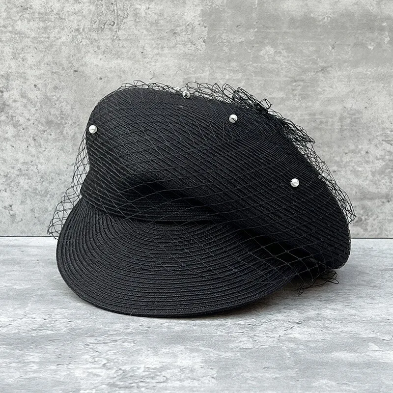 New Women Summer Hats Newsboy Cap Ladies Fansinator Pearls Veil Straw Hat Sloping Brim Visor Cap Cabbie Beret Girls Paperboy Cap