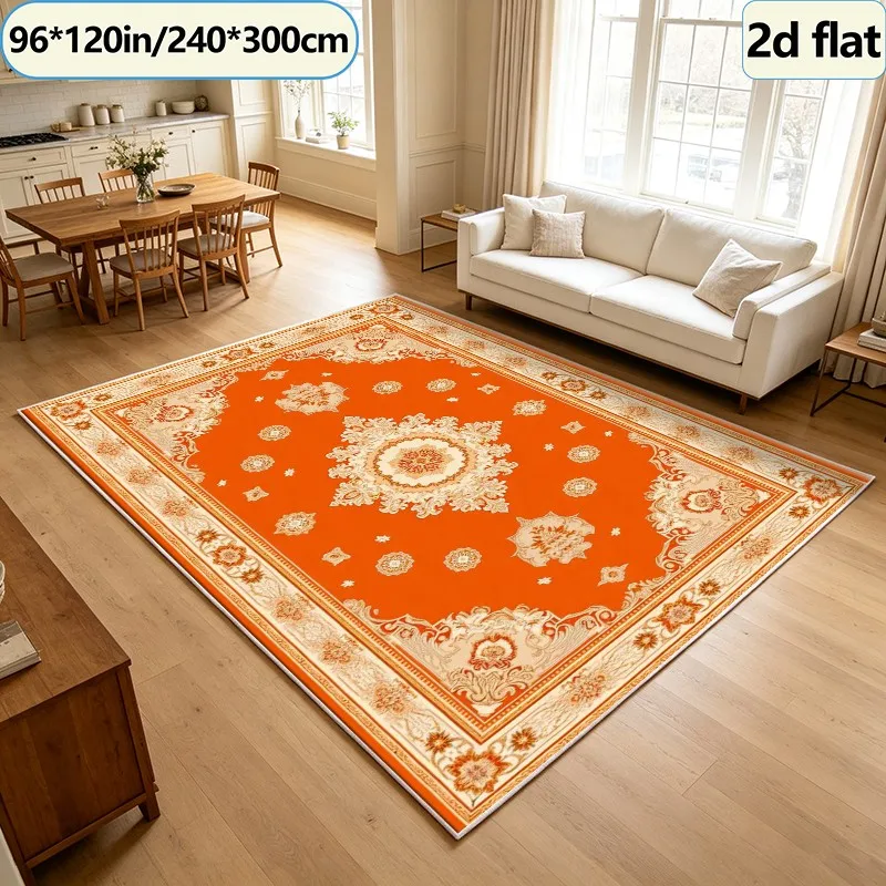 Luxurious European-Style Orange Vintage Medal Carpet, Square Carpet, Non-Slip, Washable Rug Suitable for Hall, Living Room, Home Interior Decoration