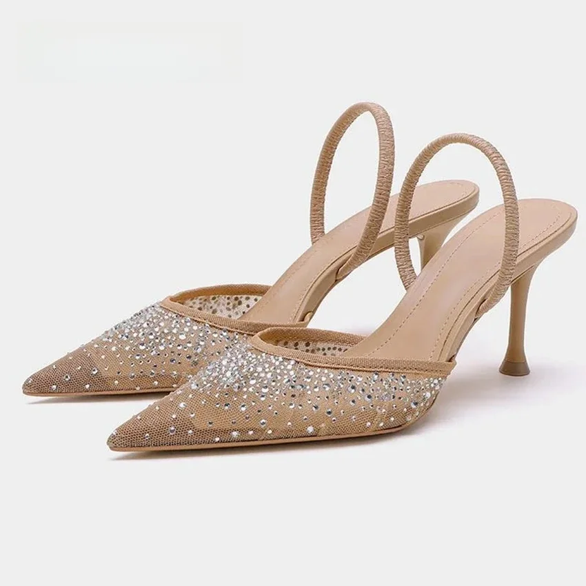 Sandales d'été à strass pour femmes, chaussures à talons hauts en maille brillante, élégantes, Slingback pointues, escarpins de fête, nouvelle collection