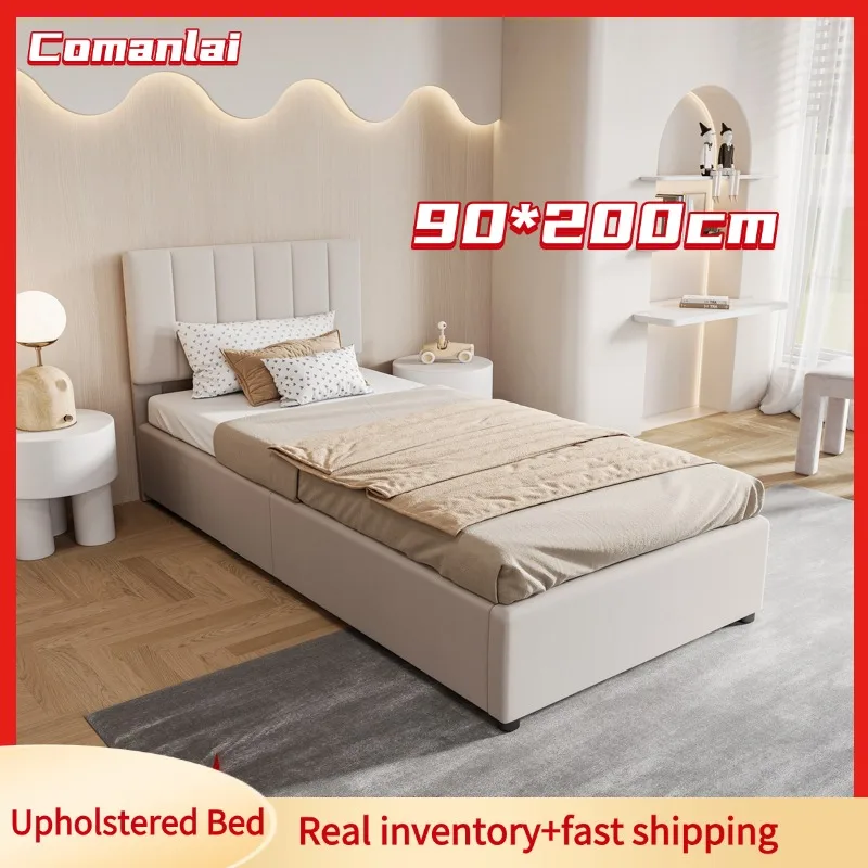 Comanlai 90 x 200 cm Lit enfant, Lit capitonné, Lit coffre hydraulique, Lit à étagère haute, sans matelas, Lin, Beige