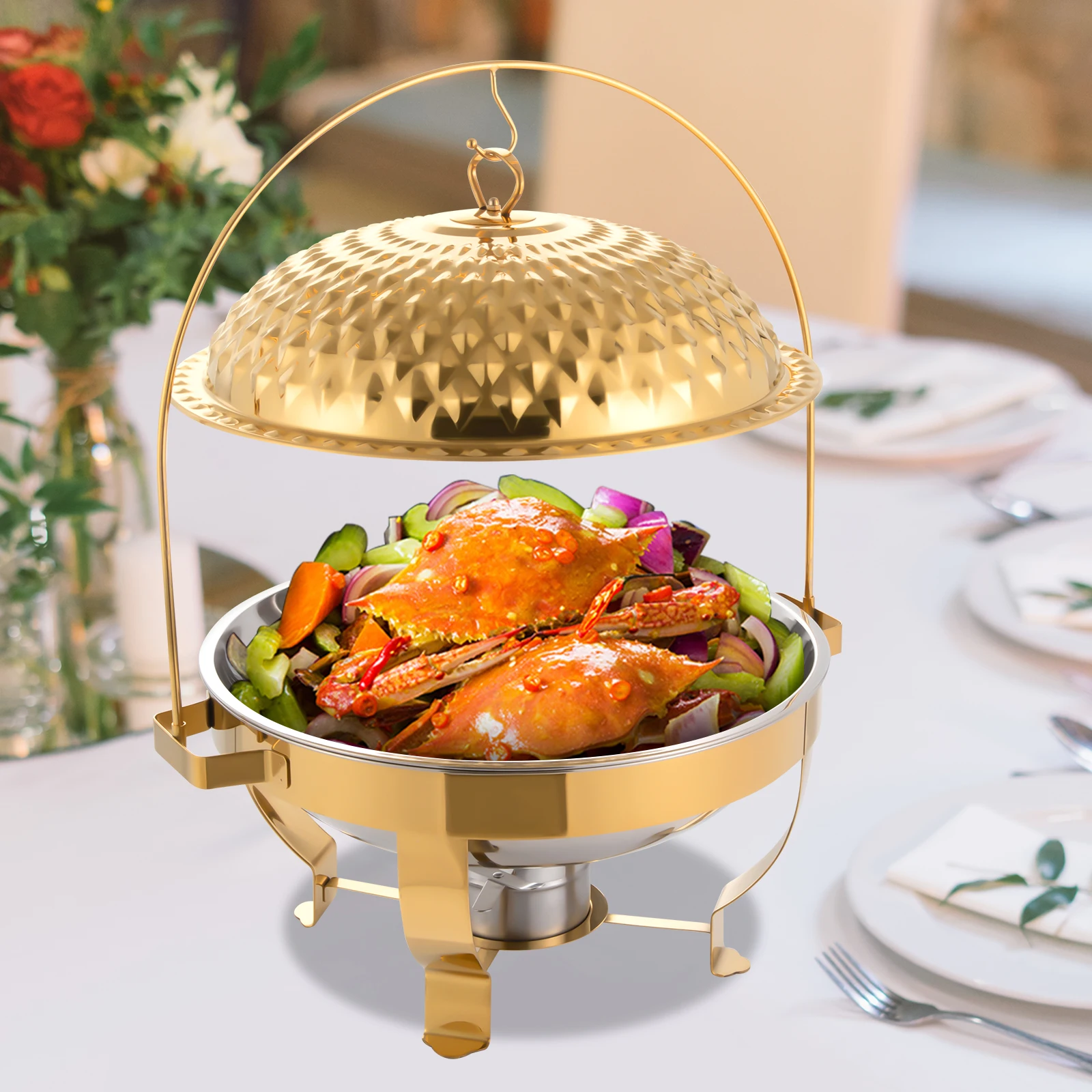 

8.5Qt /8L Chafing Dishes for Buffet Set of 4, Stainless Steel Round Buffet Chafer, Hanging Lid Dining Stove, Buffet Server Party