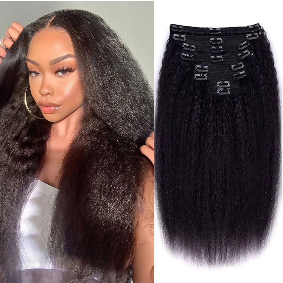 

Кудрявые прямые заколки для наращивания человеческих волос, натуральный цвет, 100% человеческие волосы Remy, 120 г, 8 шт./компл., полная голова для чернокожих женщин