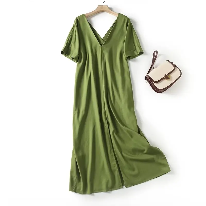 

Maxdutti Moroccan Bohemia Dress Women Retro Linen V-Neck Loose Summer Grass Green Holiday Fashion Midi Dress Female