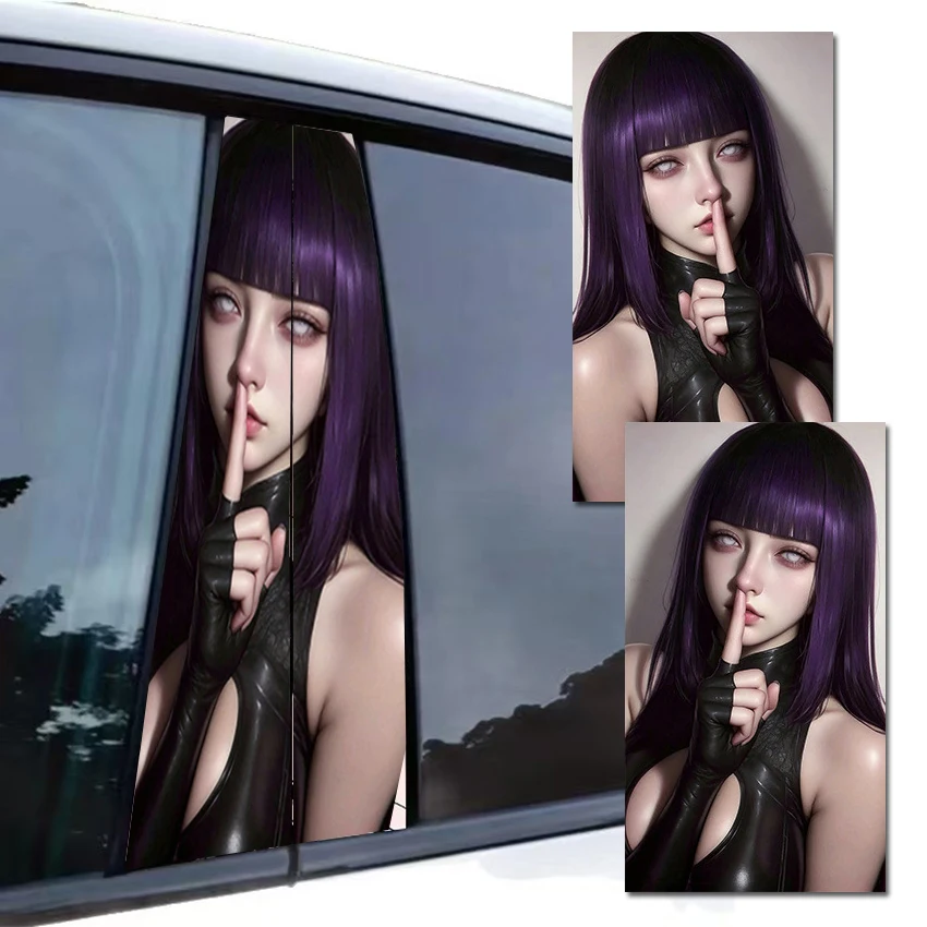 2PCS Anime silver hair covering her eyes Girl Cool Lady Car B Pillar Sticker Waterproof Vinyl Window Decal Car Accessories